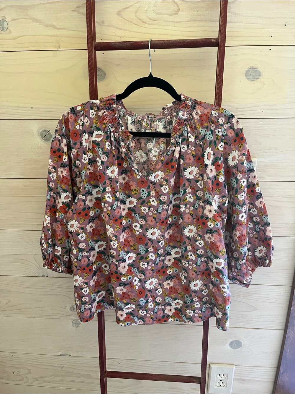 Smocked Neck Floral Blouse in Mauve Pink